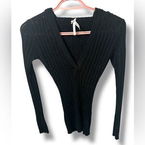 CAFE BRAND Neutral Sparkle Semi Sheer V-Neck Y2K Thin Long Sleeve Hoodie Sweater